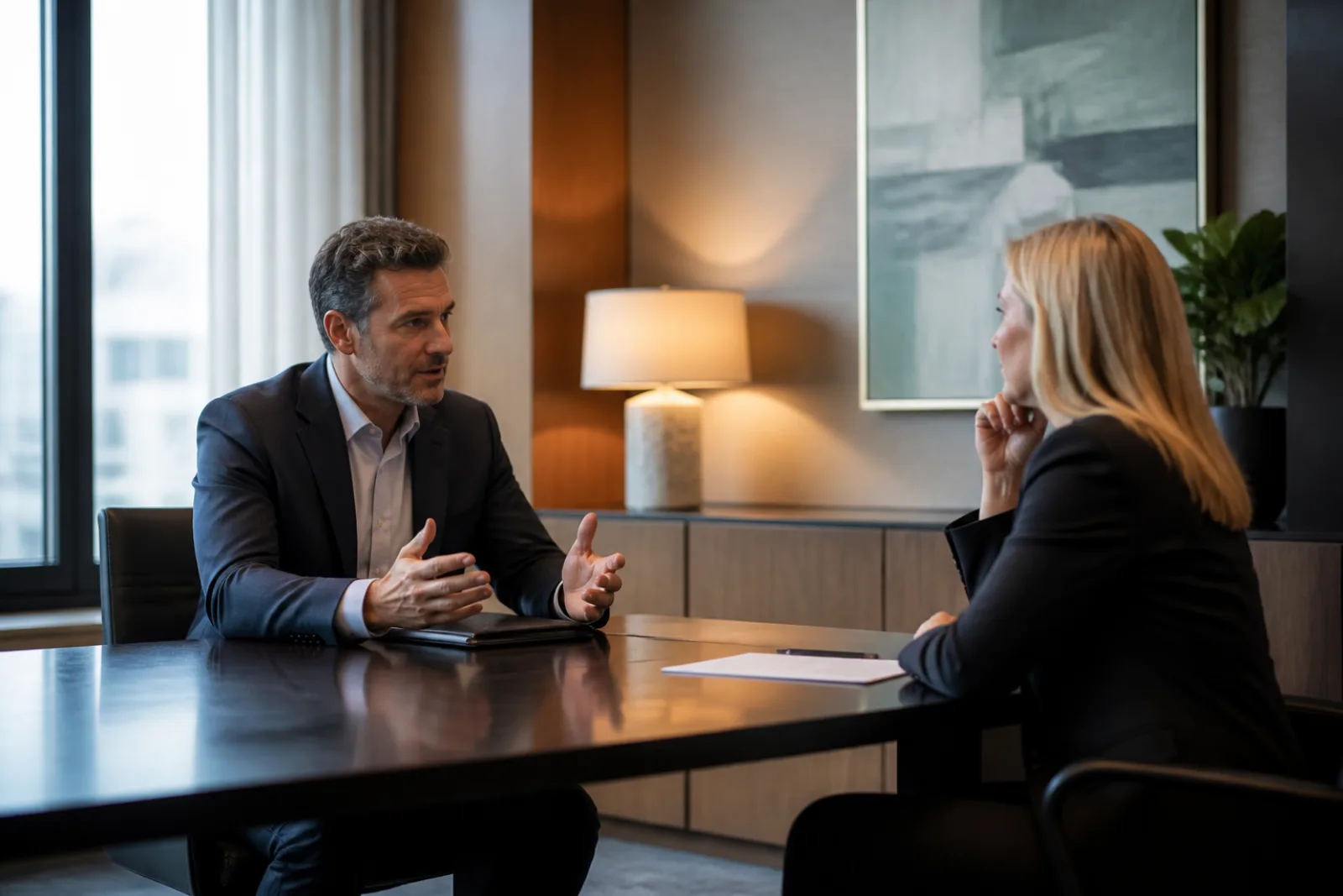 Confidential legal executive search consultation between a senior attorney and legal recruiter
